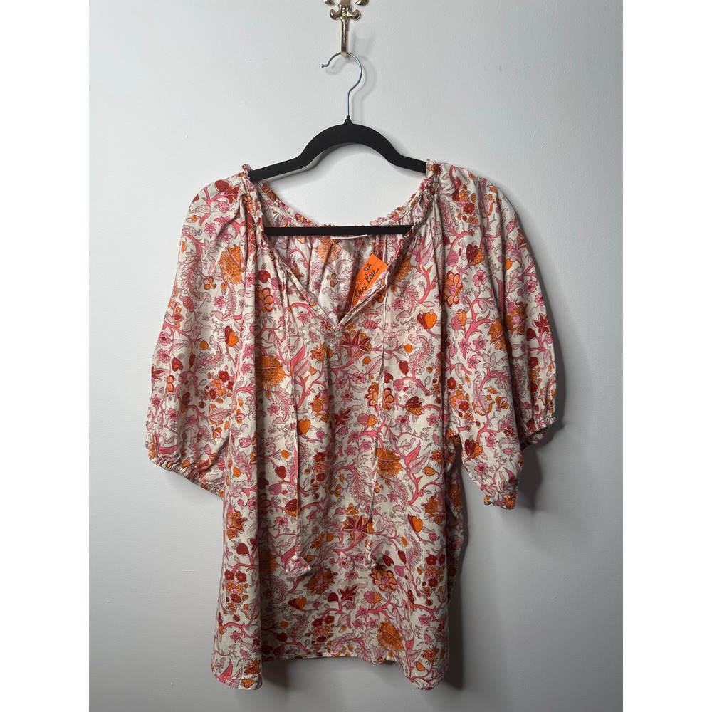 Knox Rose Floral Peasant Blouse 2XL Pink Orange Boho Tassel Tie Puff Sleeve Top
